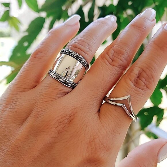 Concave Ring, Bali Sterling Silver Ring - Braided Wide Band Ring, Statement - Picture 3 of 9